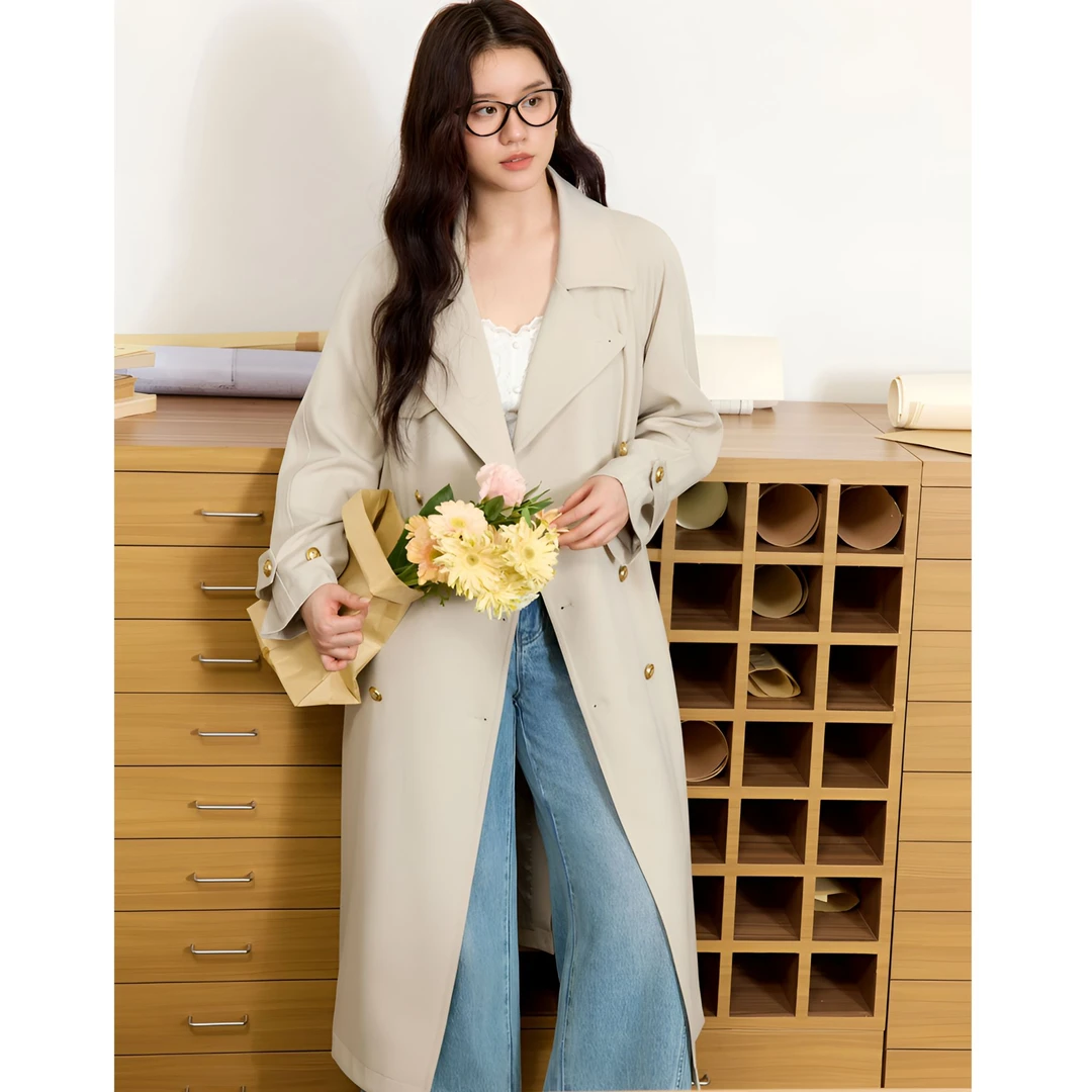 独束微胖大码女装双排扣风衣慵懒风通勤时尚长款外套25DS81200