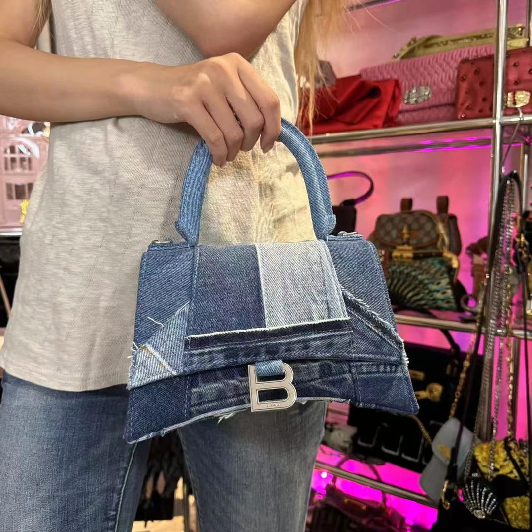 未使用 Balenciaga/巴黎世家 辣辣/超好看牛仔拼接沙漏手提斜挎包