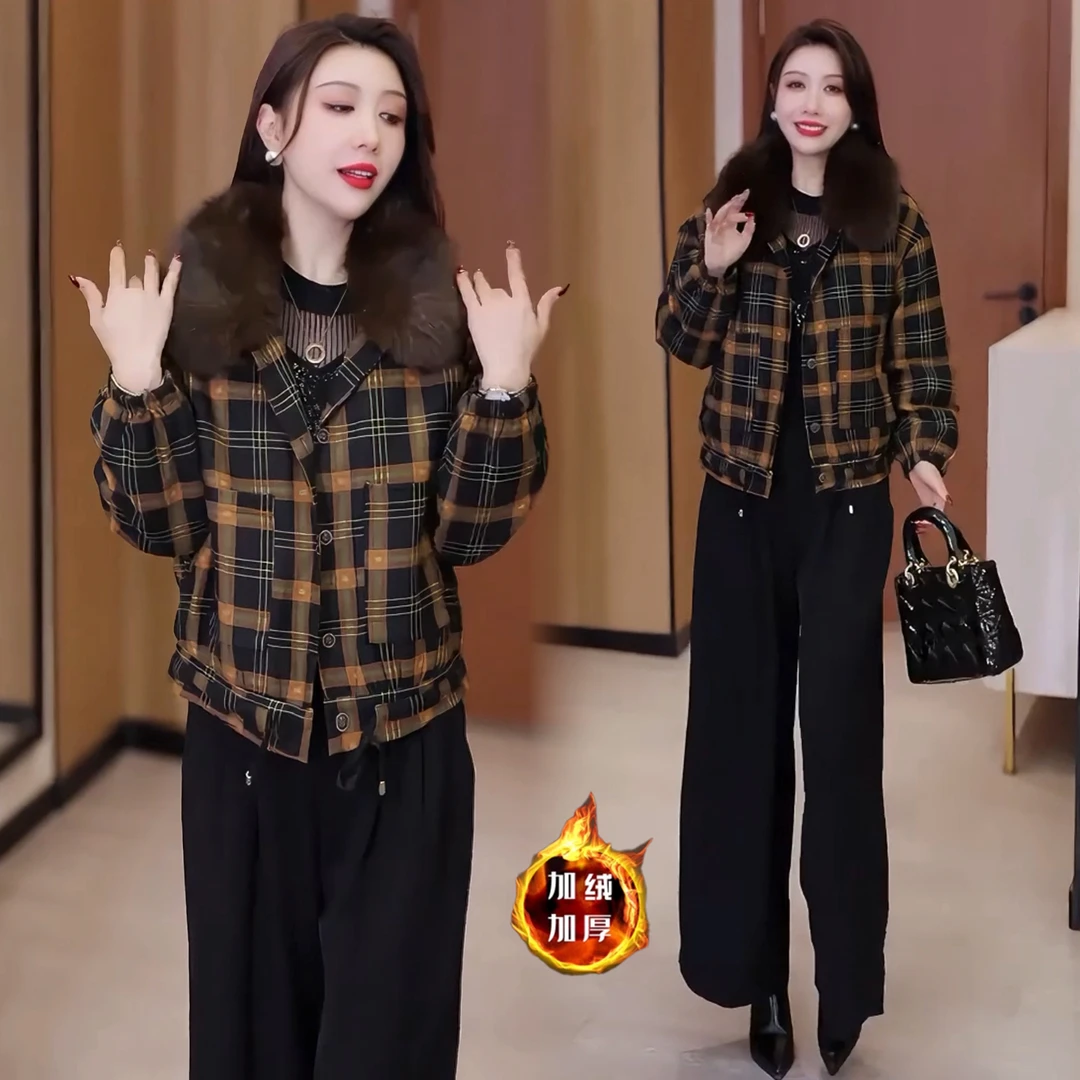 时尚带毛领加绒加厚格子短外套女2025冬季新款洋气保暖夹克上衣潮