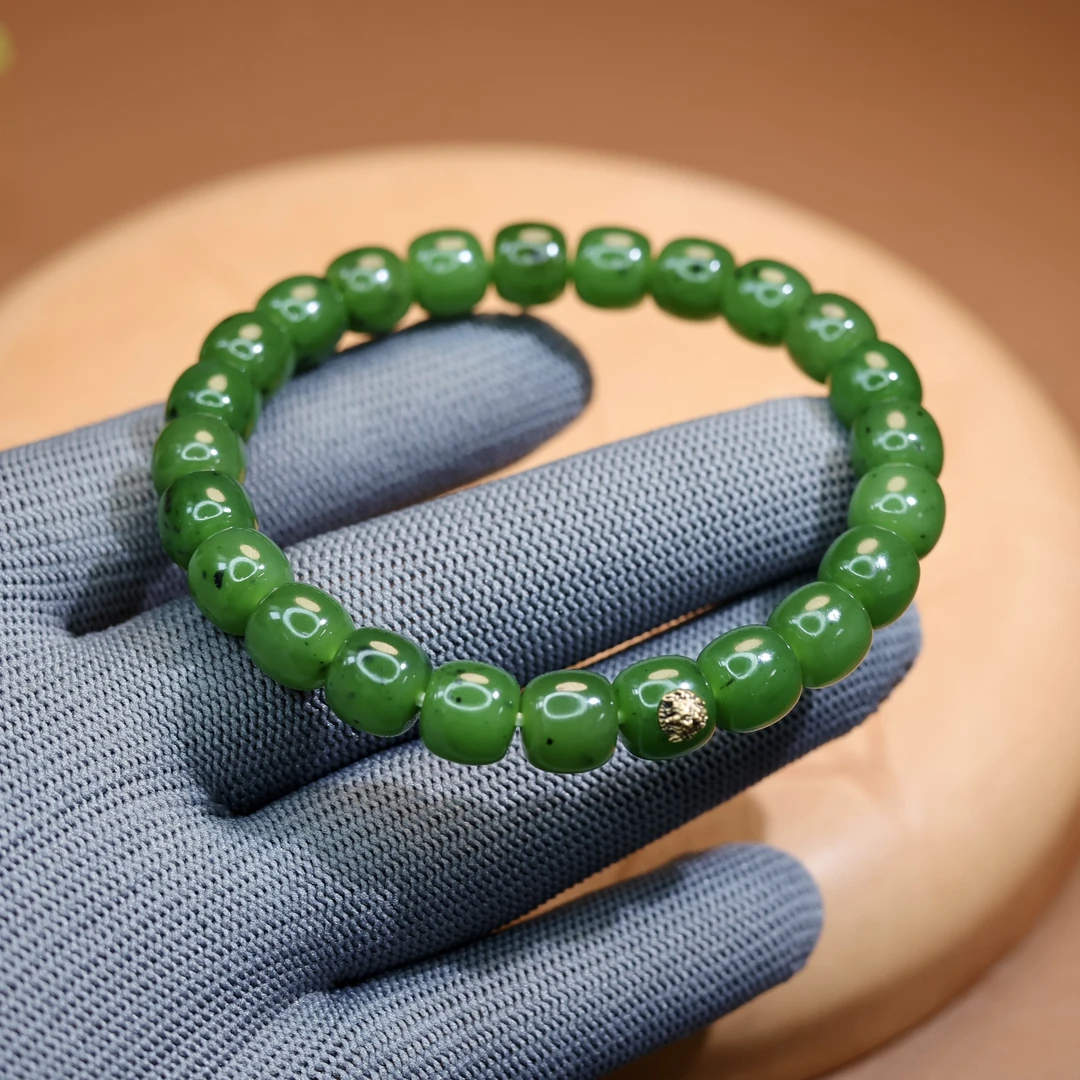 秋会长的和田玉新疆天然碧玉NGTC大证8*9mm手串老型珠手链