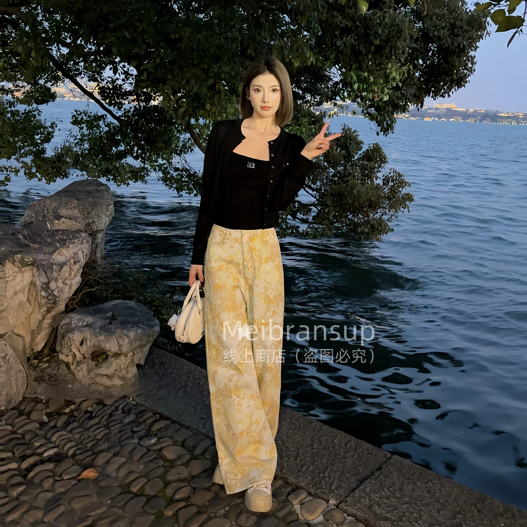 黄花闺女春夏牛仔裤女千金设计款高腰阔腿裤韩版直筒长裤透气薄款