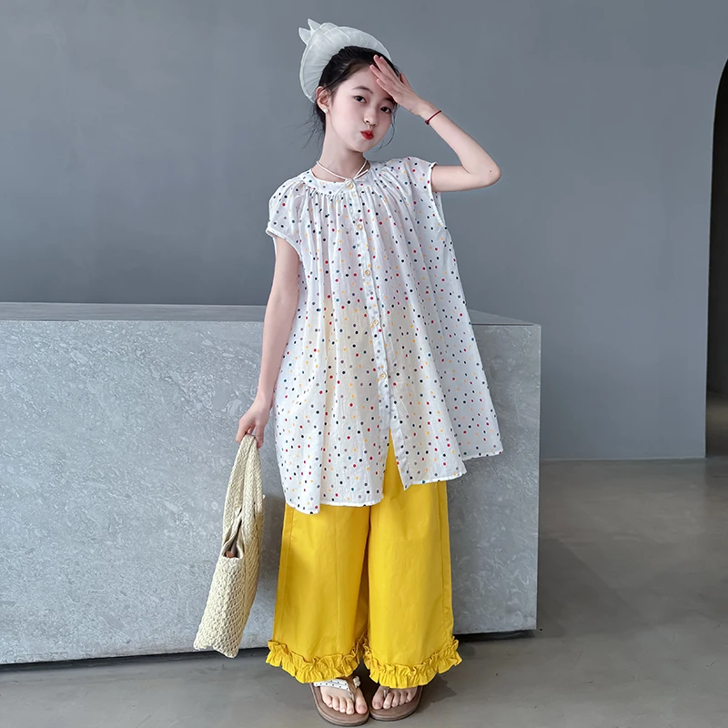 2025新款夏季女童娃娃衫洋气女孩波点宽松上衣时尚中大童短袖衬衫