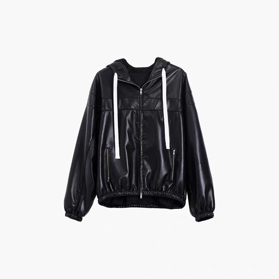 ETHOR 设计师品牌 25秋冬新品 黑色PU拉链连帽夹克