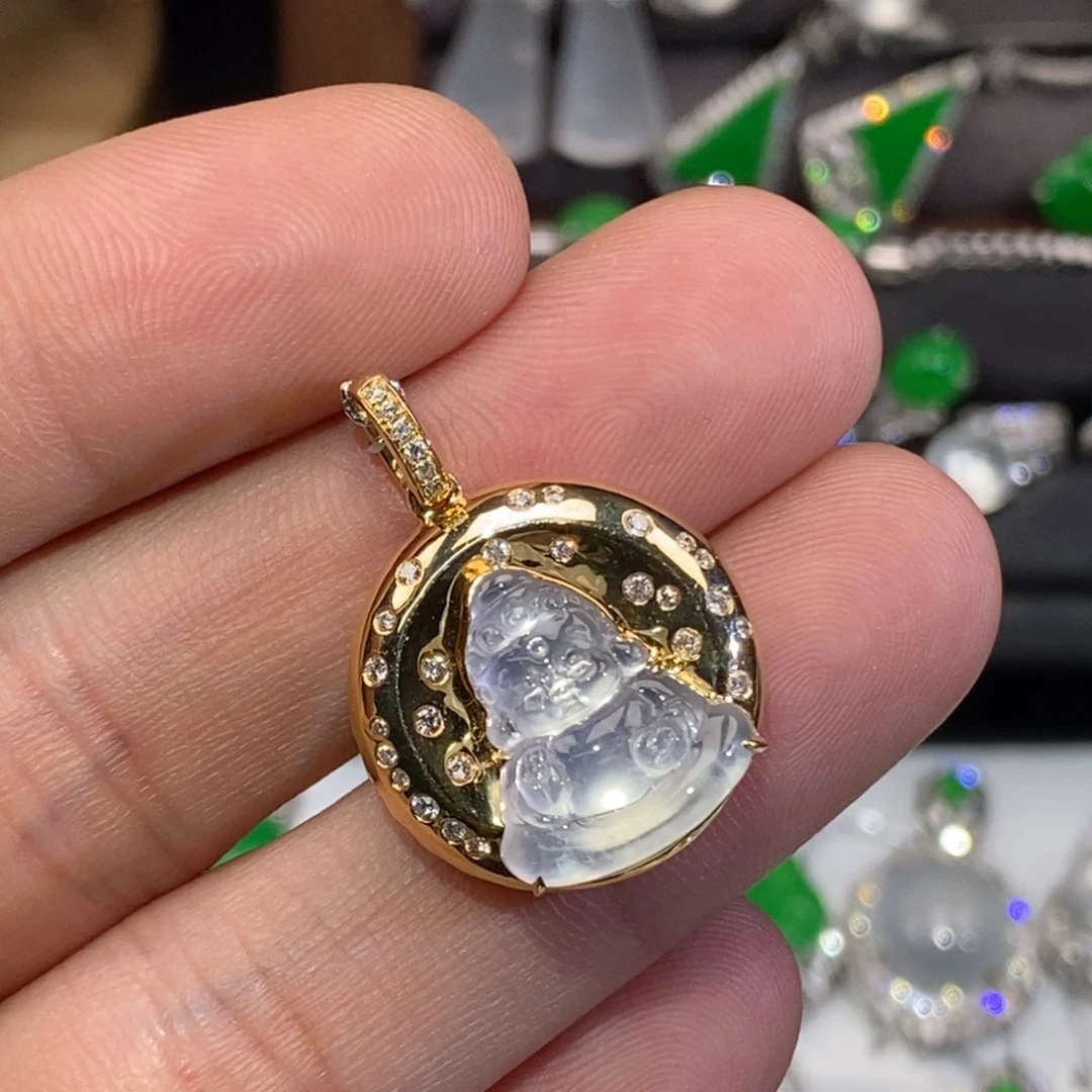 吊坠(不含链)18K金镶嵌翡翠玻璃种宝宝佛
