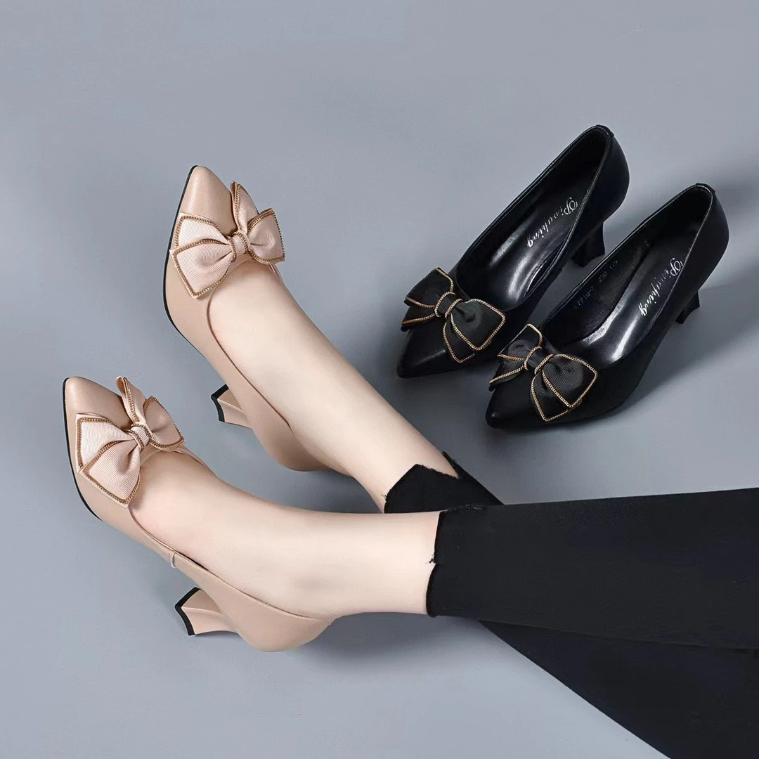 尖头蝴蝶结浅口单鞋2025新款中跟春季细跟高跟鞋气质女士真皮皮鞋