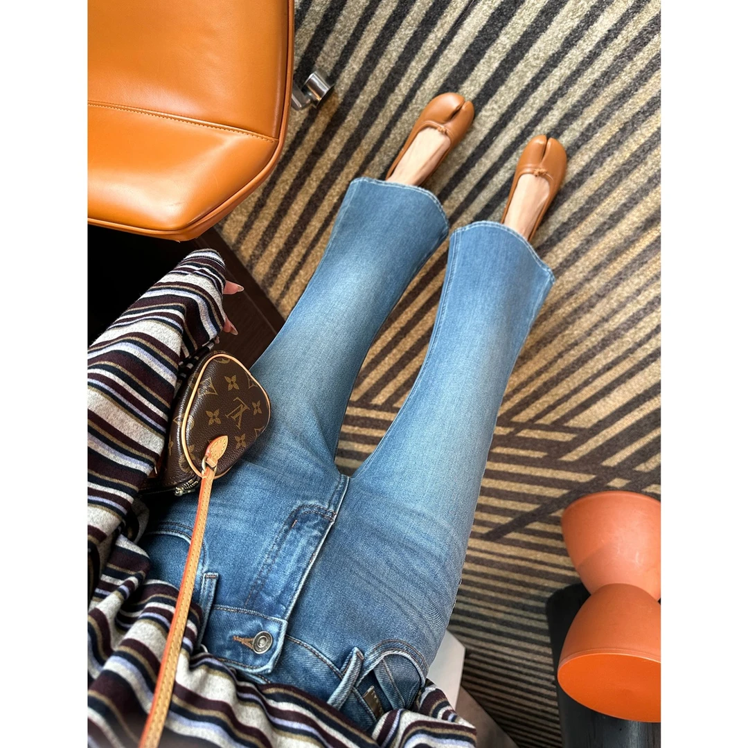 复古九分微喇裤2025早秋新款梨形身材高腰显瘦弹力修身阔腿喇叭裤