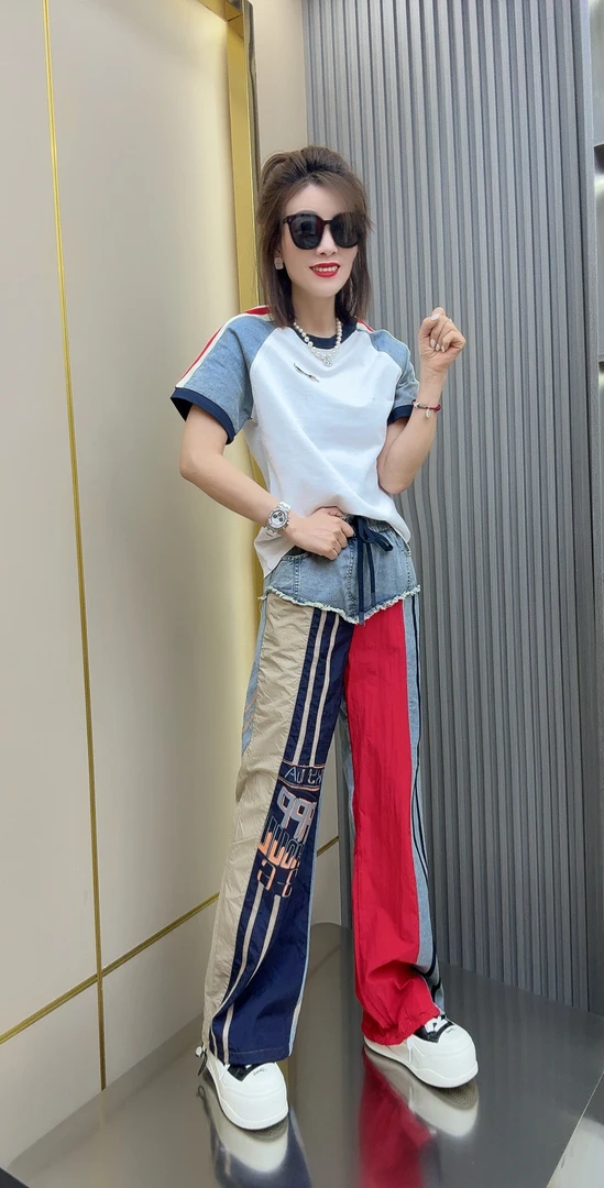 8261#拼色短袖洋气拼接两件套