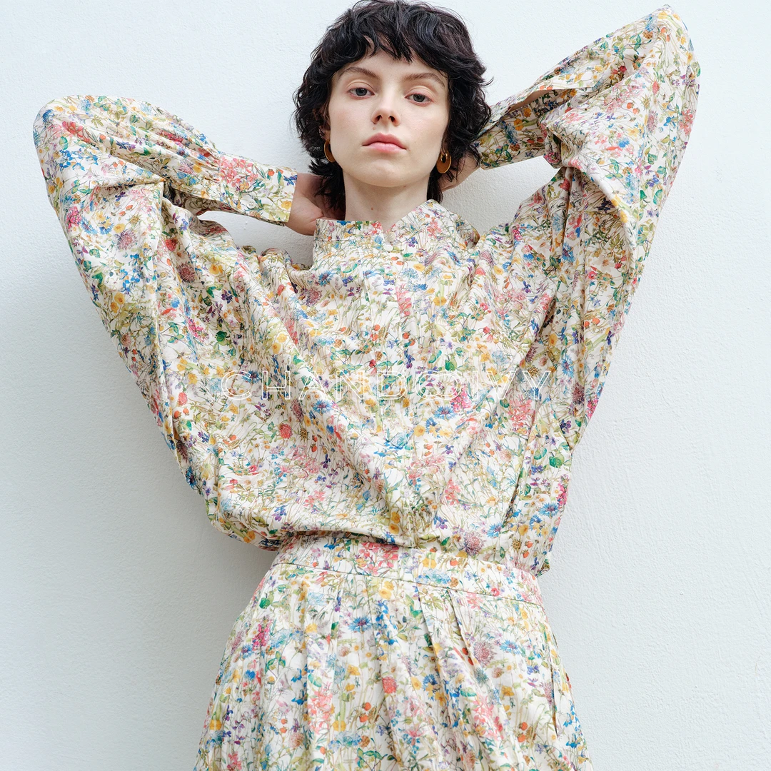 CHANDOOIVY英国进口Liberty艺术花卉塔娜坪棉小立领蝙蝠袖衬衫