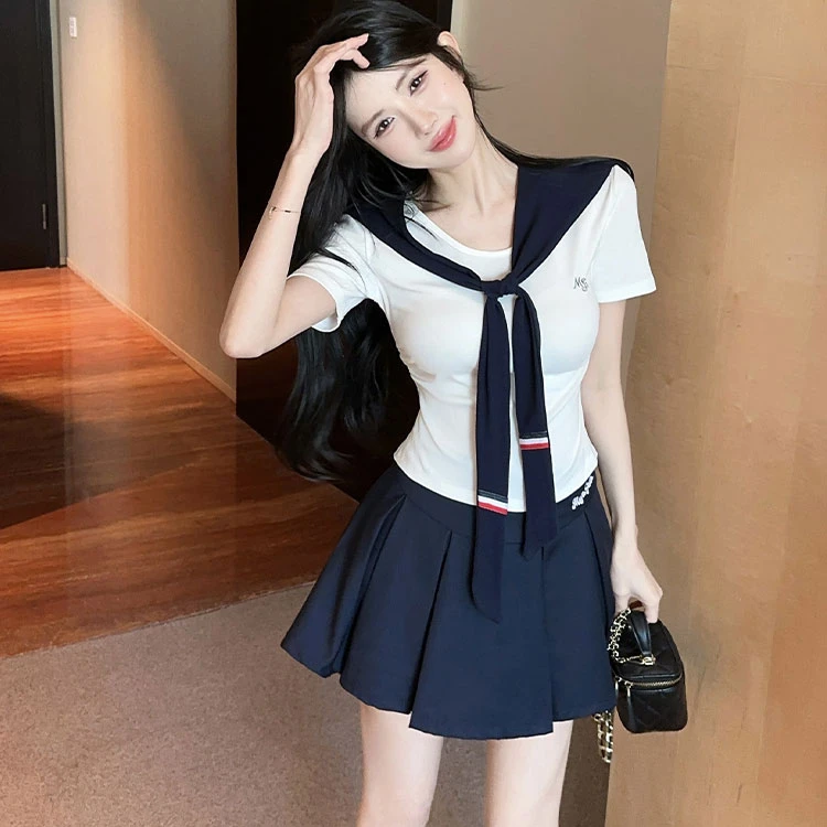 纯欲甜辣妹套装学院风设计感海军领修身上衣女夏百褶半身裙两件套