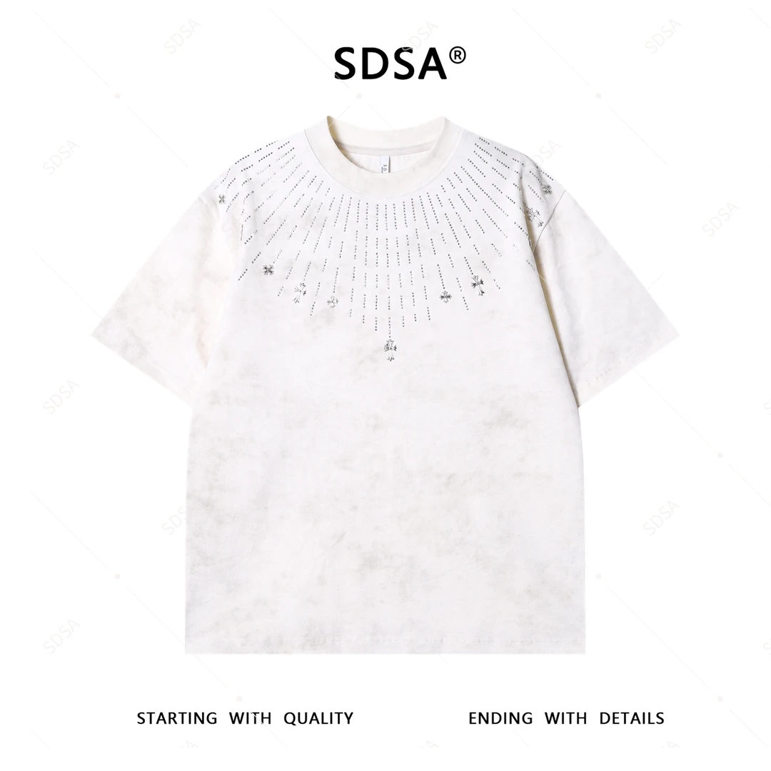 夏季高级感新款男士领口烫钻十字架圆领短袖T恤百搭满天星上衣潮