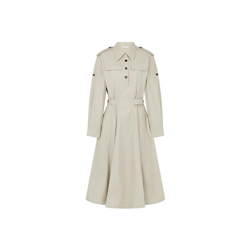 美洋MEIYANG杏仁连衣裙精梳棉府绸_砂洗半排扣收腰工装裙R