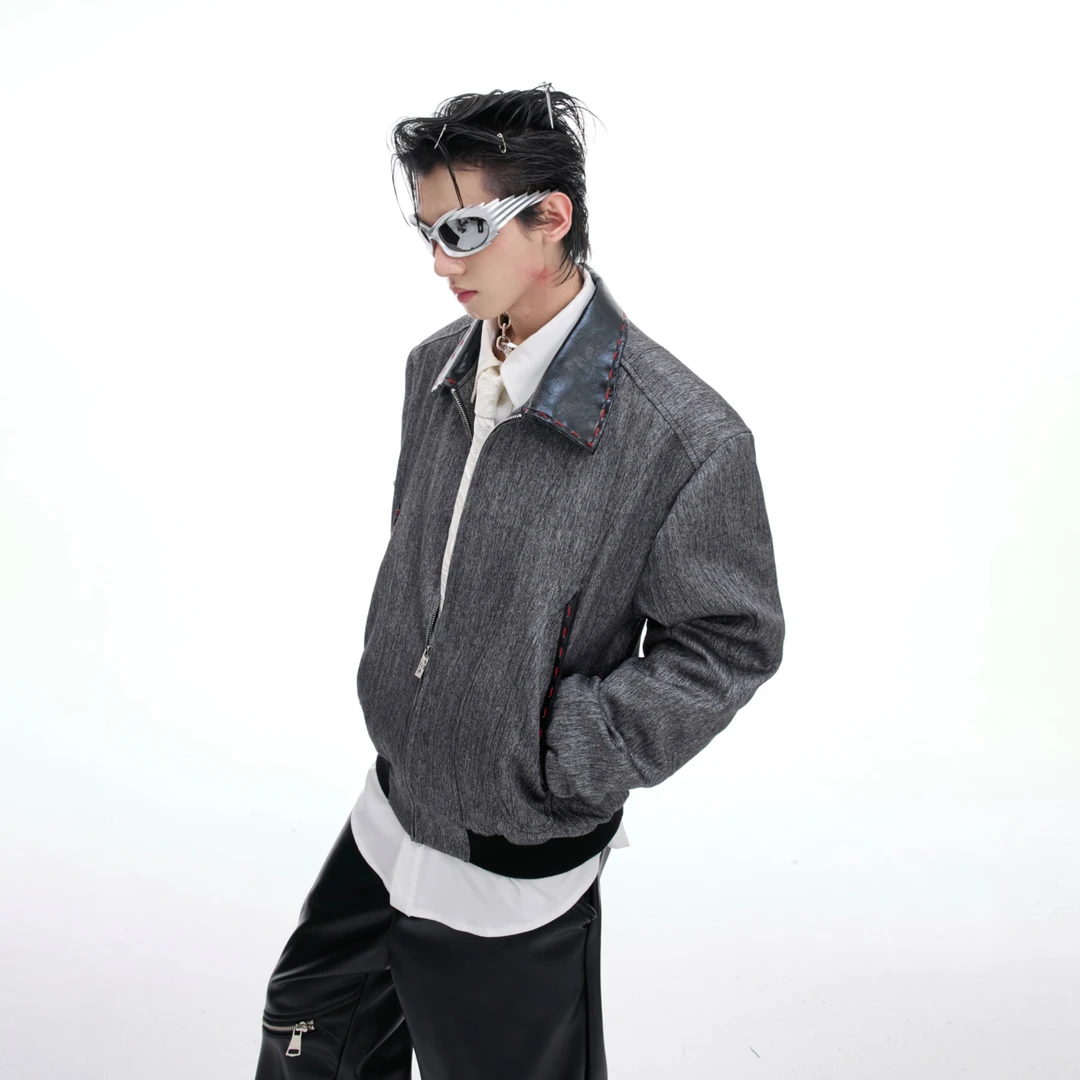 ArguE CulturE砾纹灰雅*复古肌理夹克手工缝线贵气高级短款外套男