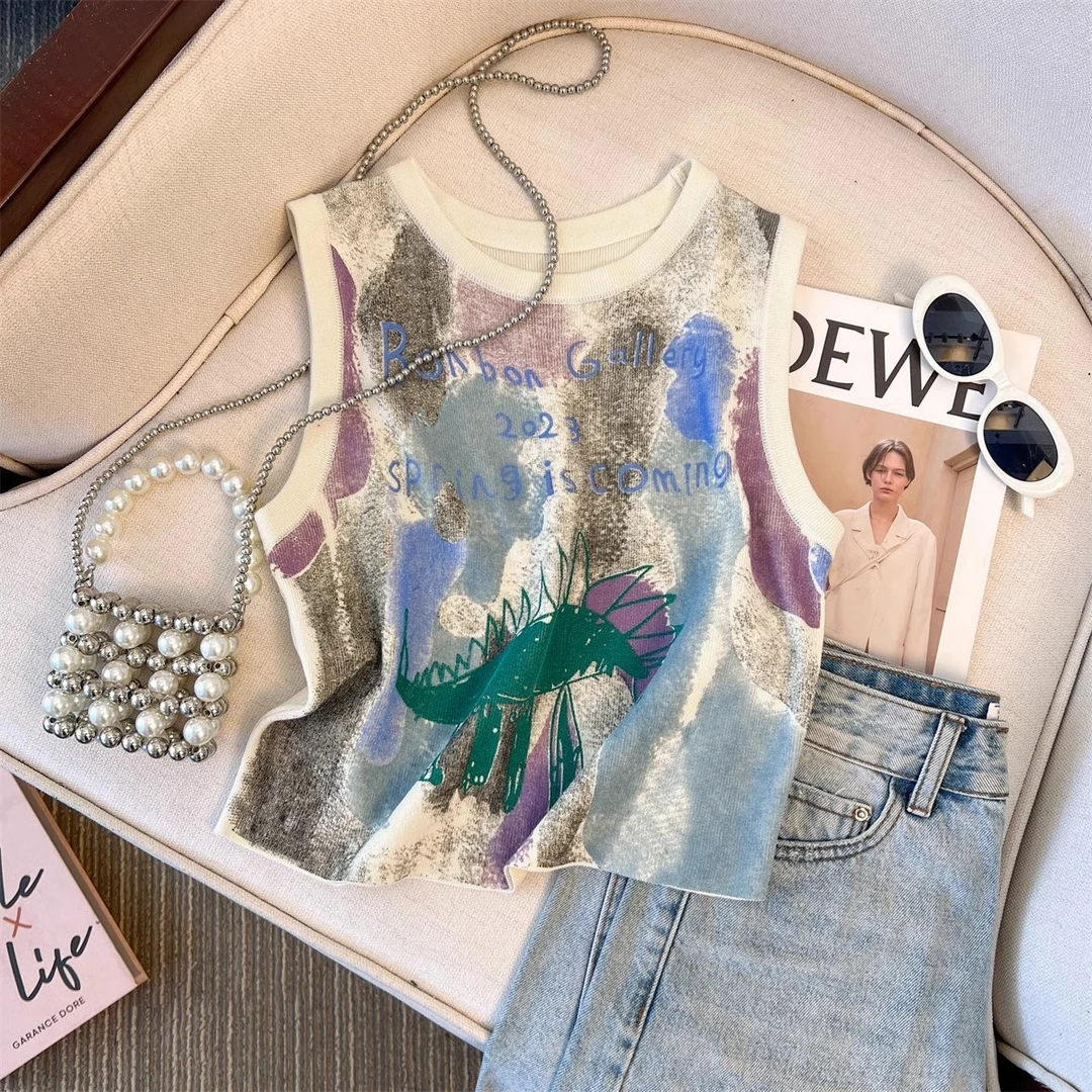 美式复古涂鸦印花针织背心女夏季2025薄款冰丝T恤外穿无袖小上衣