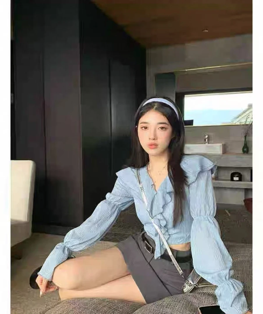 15235春季新款甜美别致显瘦短款小衫清甜少女衬衫女