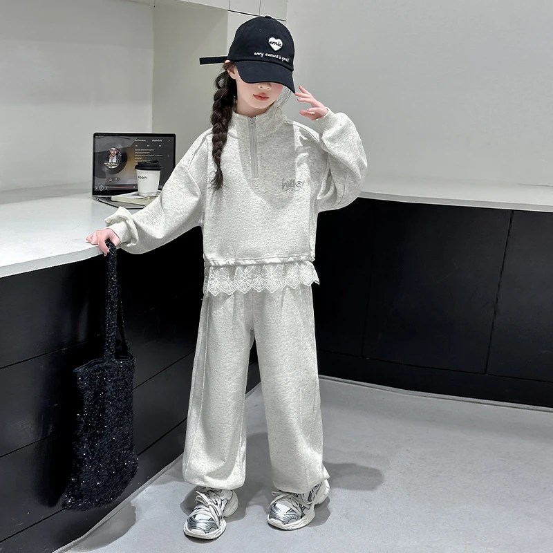 女童春季套装2025新款洋气时尚花边蕾丝两件套6-12岁中大童衣服潮