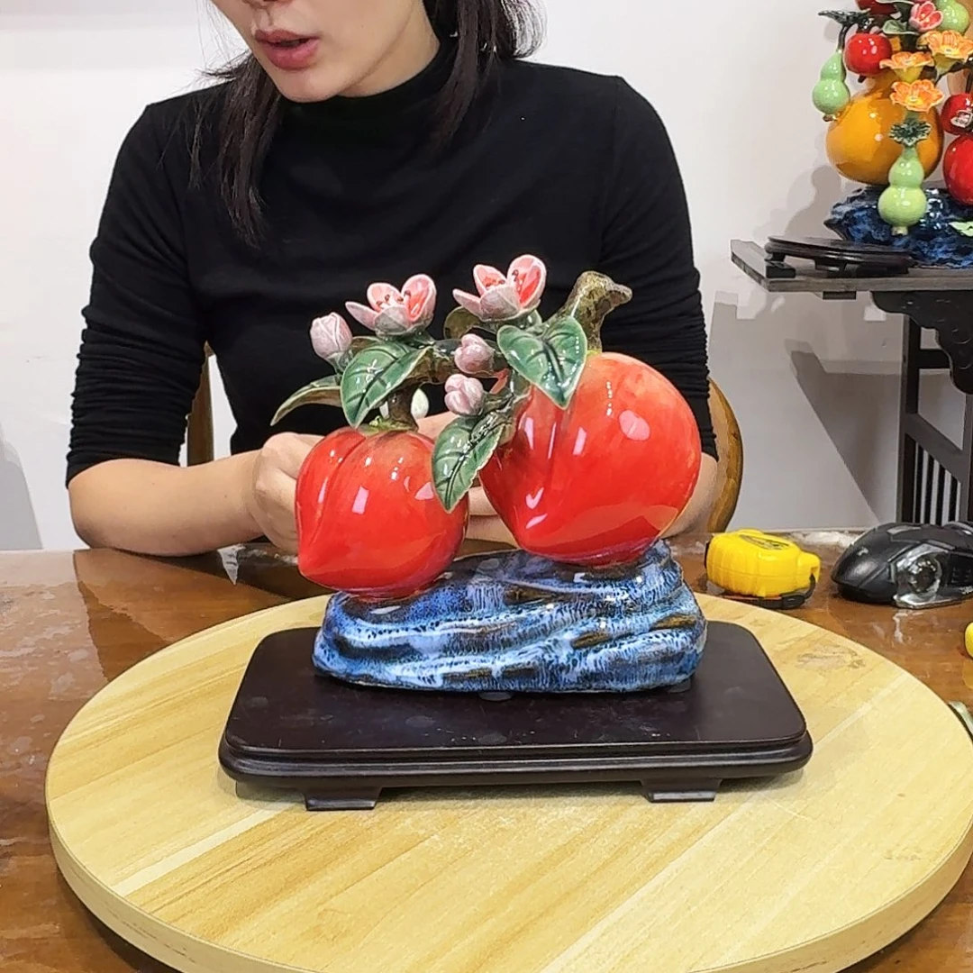 陶瓷双寿桃摆件摆件