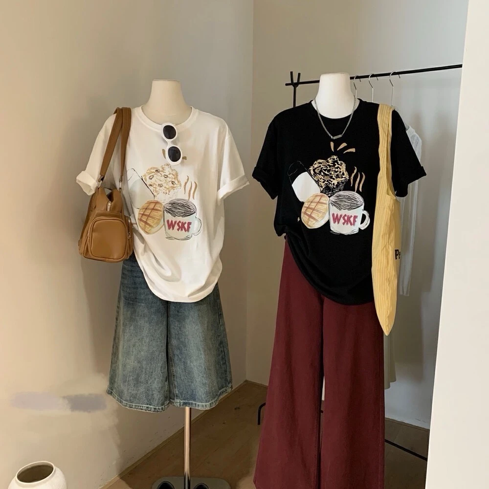 【牛奶面包】夏季ins宽松纯棉短袖t恤女2025新款印花女卡通百搭Q085