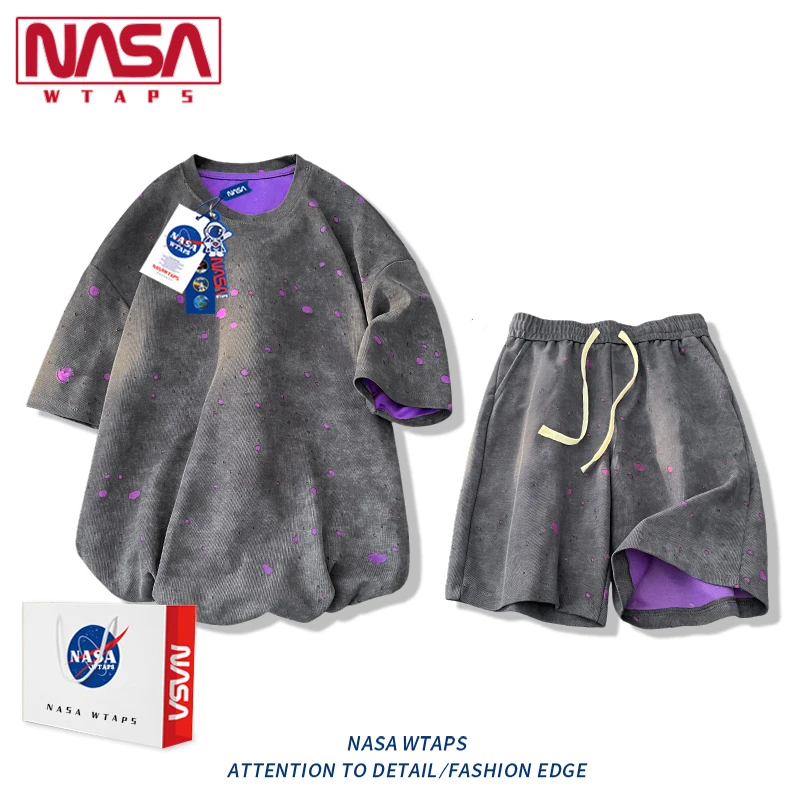 NASA WTAPS美式破洞短袖T恤套装男款夏季宽松休闲圆领T恤短裤套装