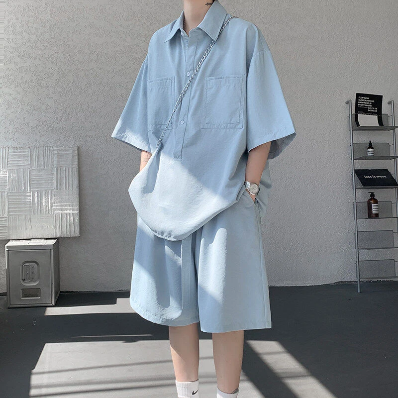 冰丝短袖t恤男夏季薄款透气速干运动短裤宽松慵懒风衬衫休闲套装