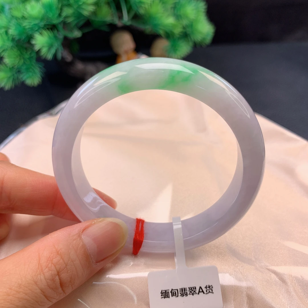 56圈口缅甸天然翡翠A货冰润春彩带绿女士宽边时尚平安镯玉镯A1-45