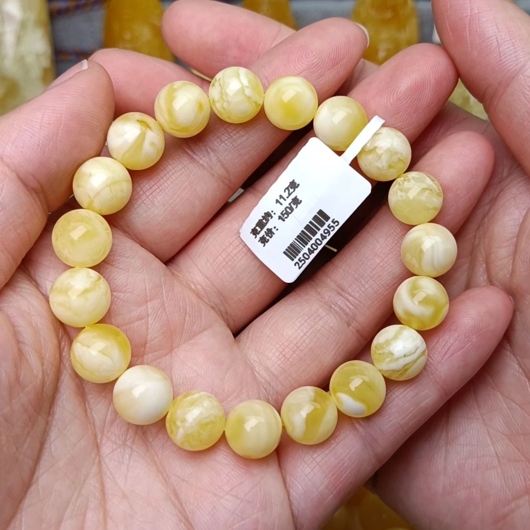 未镶嵌蜜蜡手链10圆珠瓷白妖花