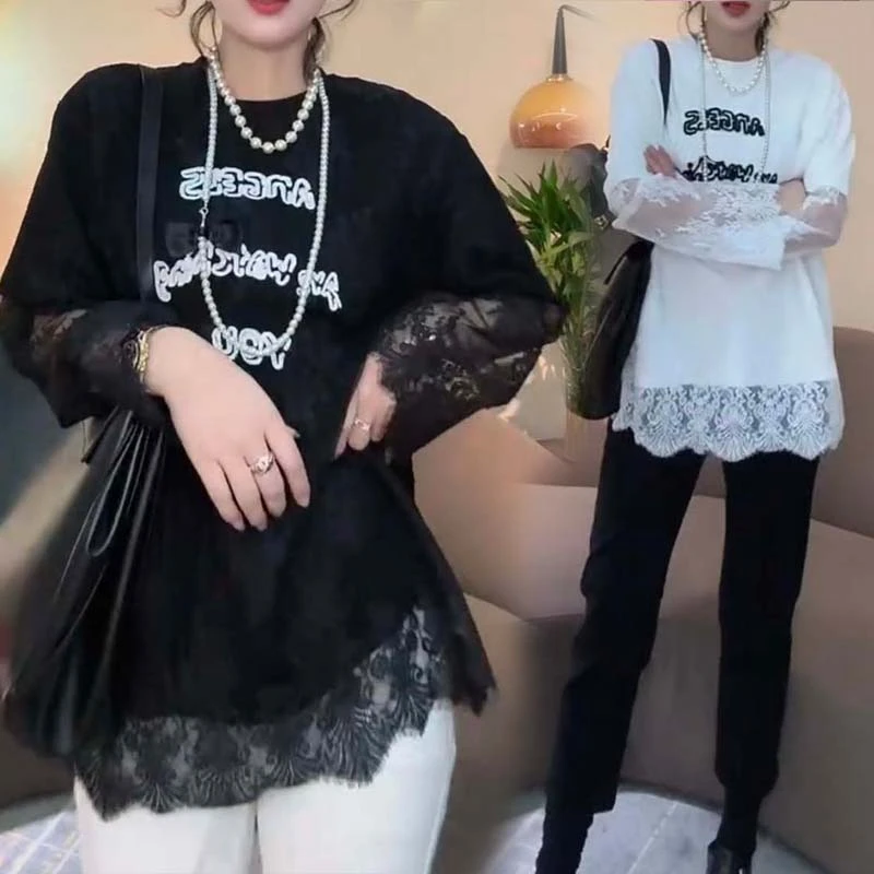 长袖字母蕾丝拼接圆领T恤衫遮肚显瘦百搭中长款打底衫上衣女小衫