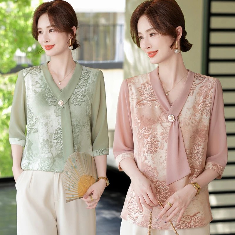 中年妈妈夏装洋气国风小衫上衣2025新款中老年女装飘带七分袖T恤