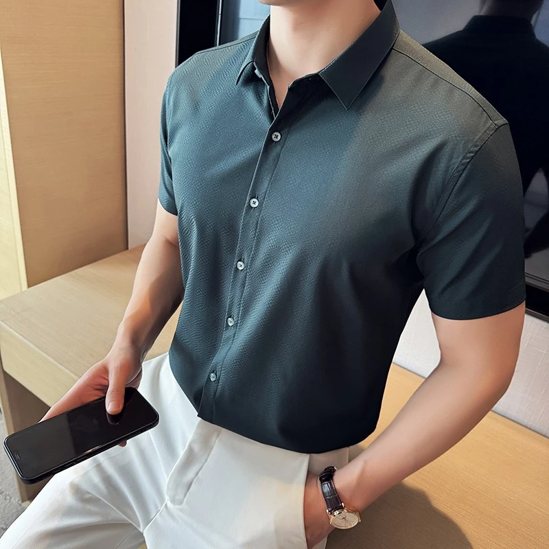 CATIA SELI高级感翻领短袖衬衫男士夏季新款冰丝弹力提花商务衬衫