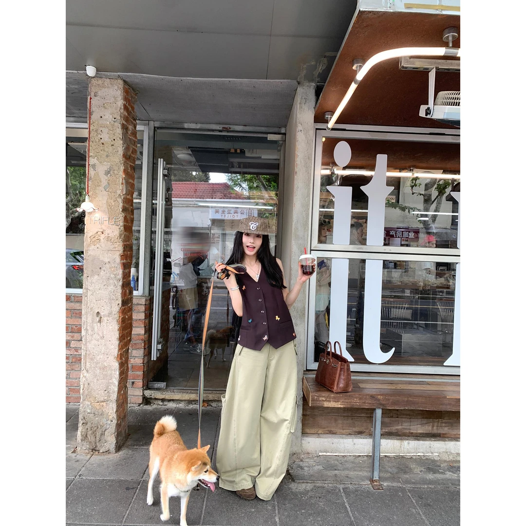 区区欧阳美式复古工装裤女秋季休闲裤直筒阔腿裤拖地长裤宽松裤子