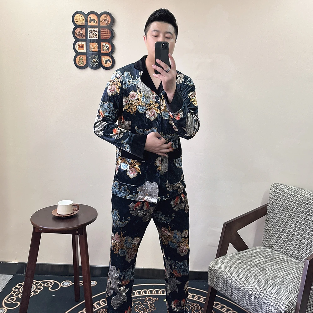 金丝绒皮筋通用男睡衣可外穿潮流家居服套装帅气上衣中国风时尚