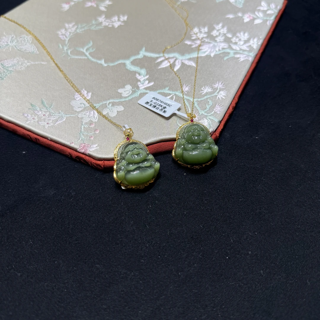 【丘丘珠宝】B0874天然和田玉18k金俄碧猫眼全镶佛公多样性发货