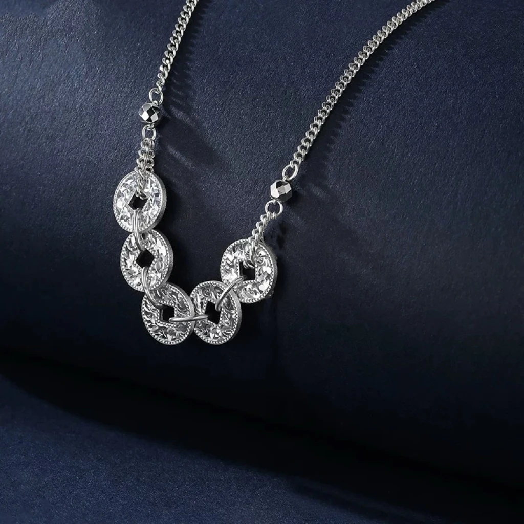 吊坠925银 925银碎冰冰项链 五帝币坠链轻奢甜美女款送女友情人