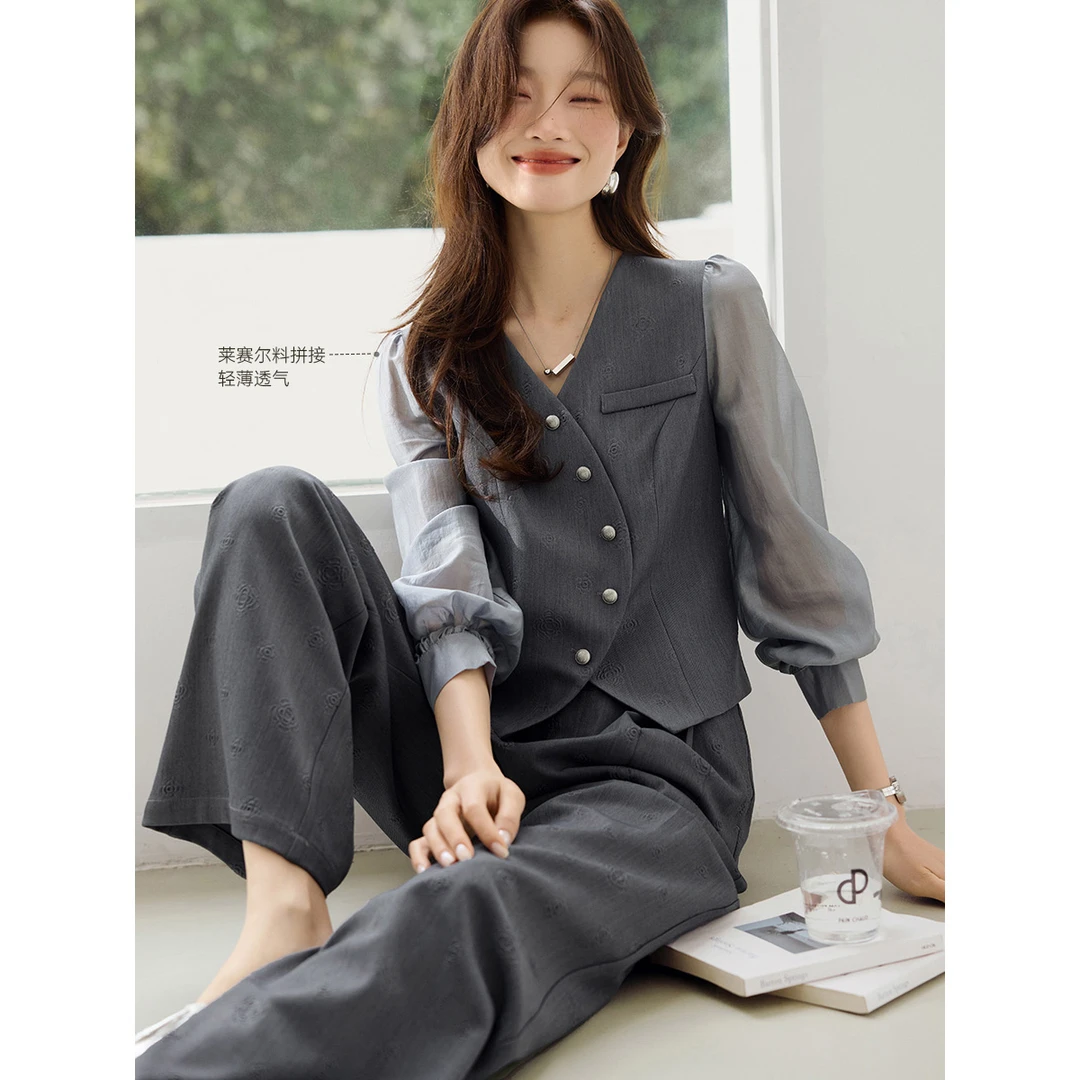 沫晗依美职场OL风简约套装2025秋季新款通勤感假两件拼接灰色套装