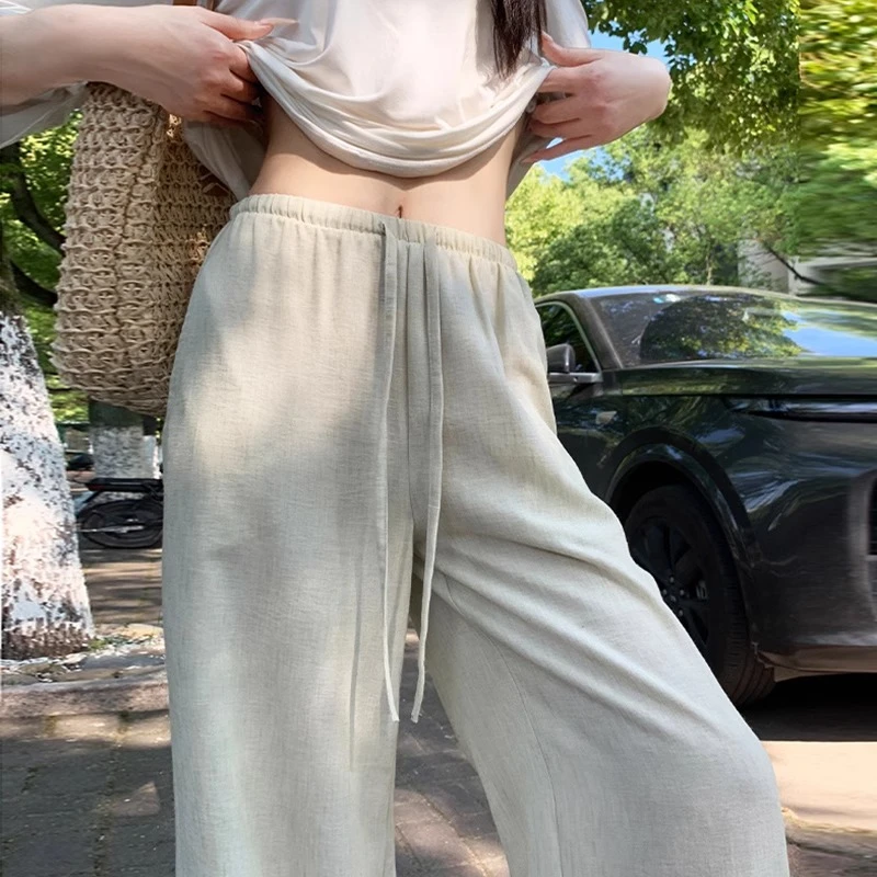 亚麻冰丝阔腿裤女2025年夏季新款高腰垂感宽松显瘦棉麻直筒运动裤