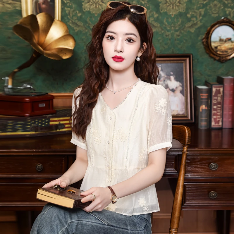 法式小众夏季开衫有内衬修身时尚收腰遮肚女短袖蕾丝绣花衬衫女