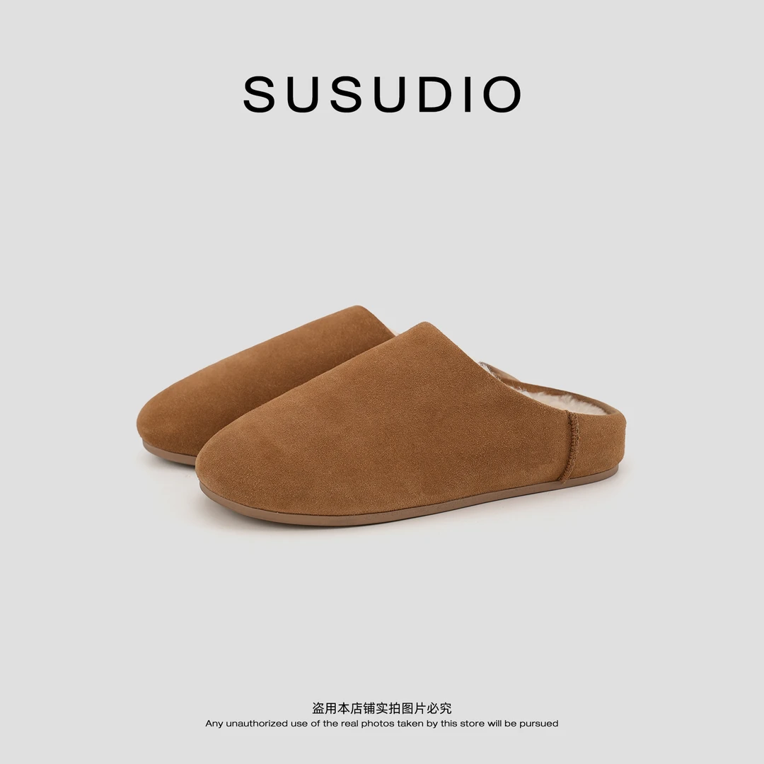 SUSUDIO 牛反绒皮 加绒保暖羊羔毛平底一脚蹬包头勃肯拖 80021