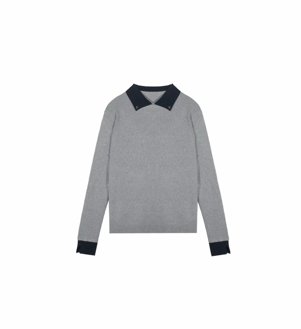 2025冬季新款翻领撞色设计感针织上衣6328