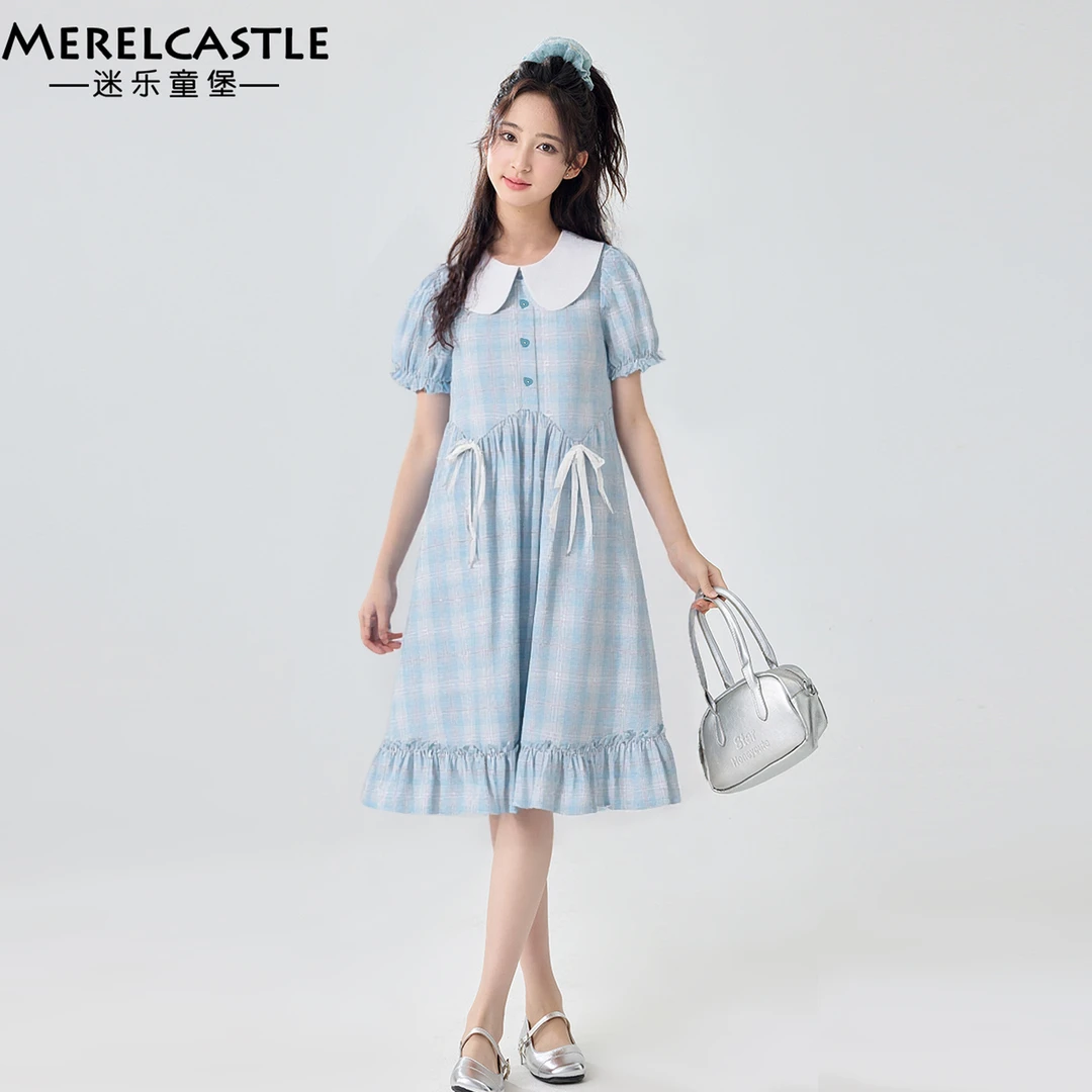 C5606女大童学院风系绳格子连衣裙2025夏装新款初中生气质裙子