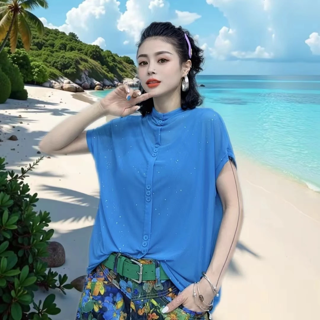 夏季新款打底衫亮片T恤女时尚经典百搭宽松休闲上衣显瘦t恤-9116