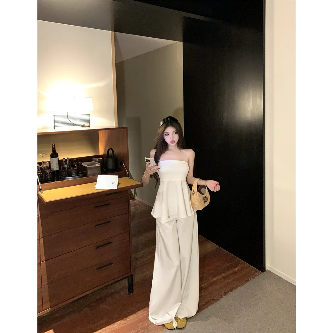 实拍~奢简氛围 超软空气层法式抹胸收腰上衣阔腿休闲裤套装 白色