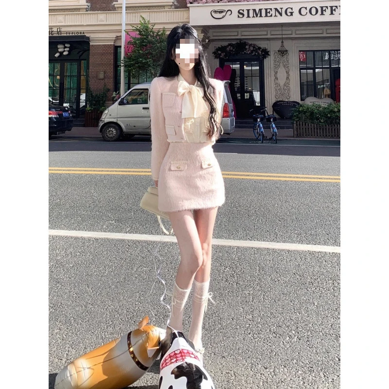 温柔甜美套装女秋小香风短外套衬衫高腰短裙高级感气质名媛两件套