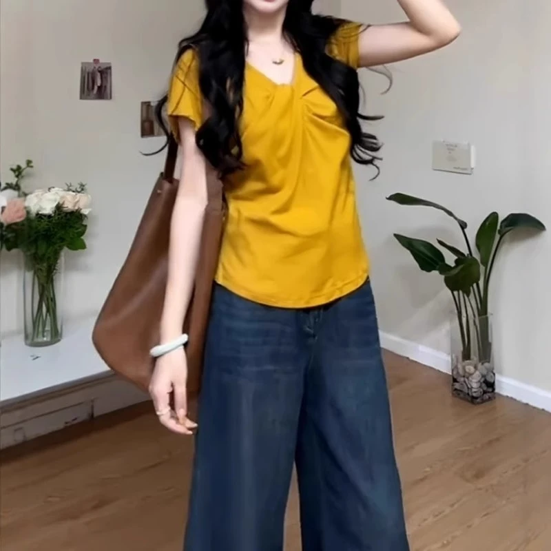 纯欲褶皱V领短袖衬衫女夏季薄款胖MM大码女装不规则修身显瘦上衣