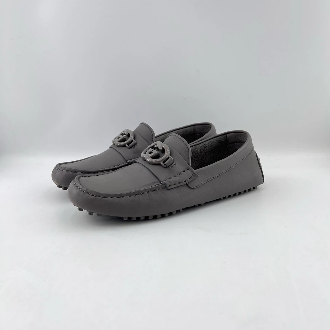 95新 GUCCI/古驰 41码/双G金属logo灰色皮鞋/11593346
