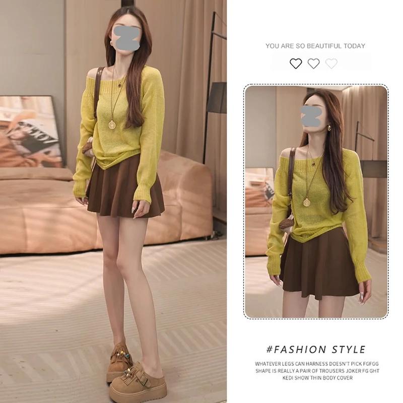 高级感斜肩毛衣女春秋外穿超好看独特漂亮露肩套头长袖针织衫上衣