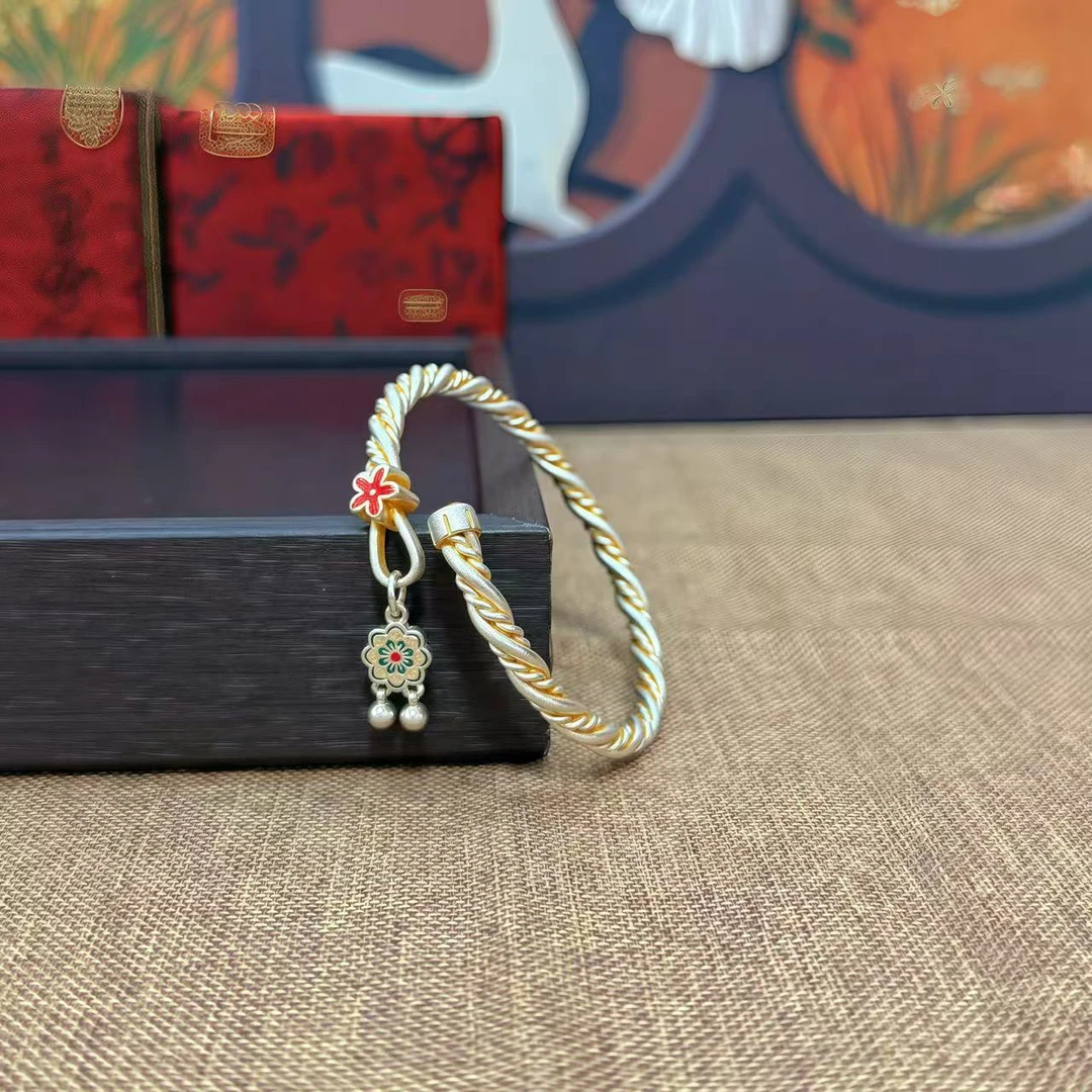 足银手镯 足银999.9[21号]新款麻花流苏吊坠开口