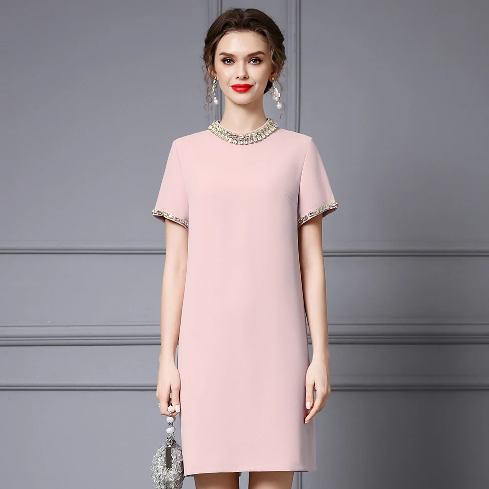 枝荔粉色连衣裙女夏2025新款小个子精致锆石短袖宽松遮肚子短裙子