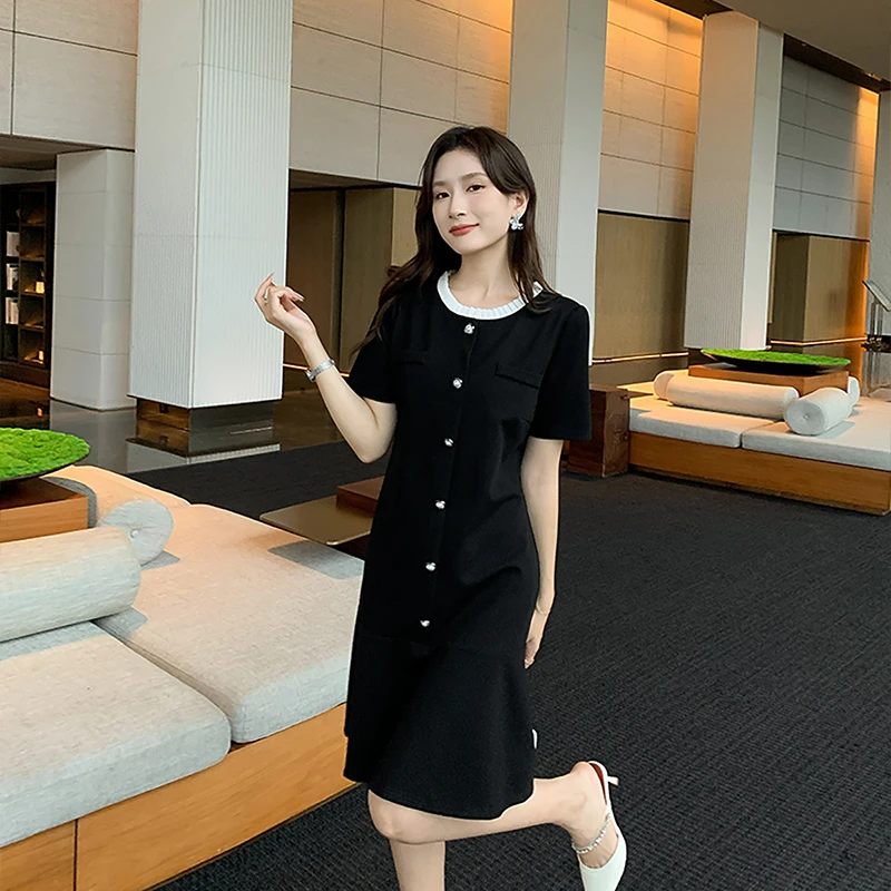 [奢姿轻奢系列]大码女装2025夏季纽扣装饰裙子胖妹妹鱼尾摆连衣裙