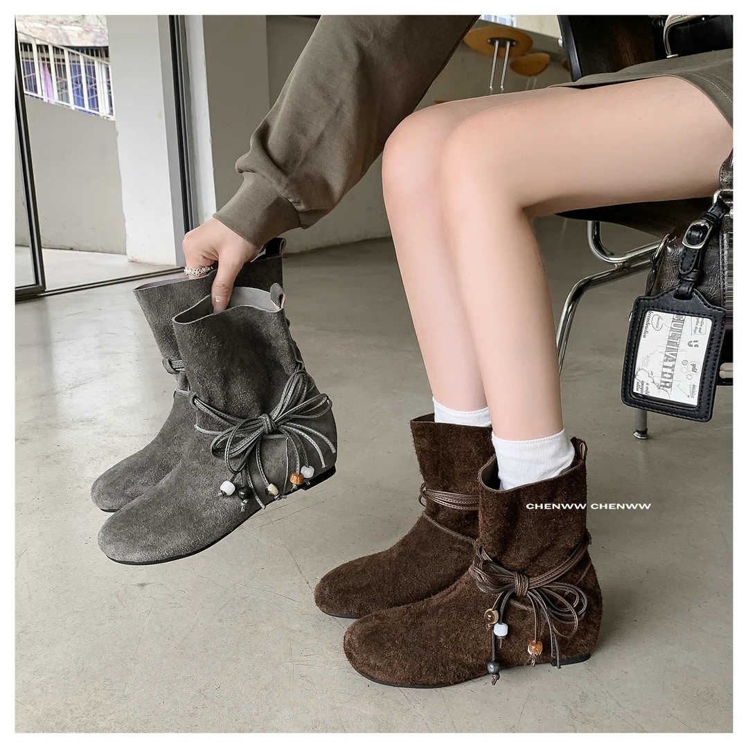 【CHENWW】原始部落翻毛皮短靴秋冬靴子时装女靴圆头内增高靴子女