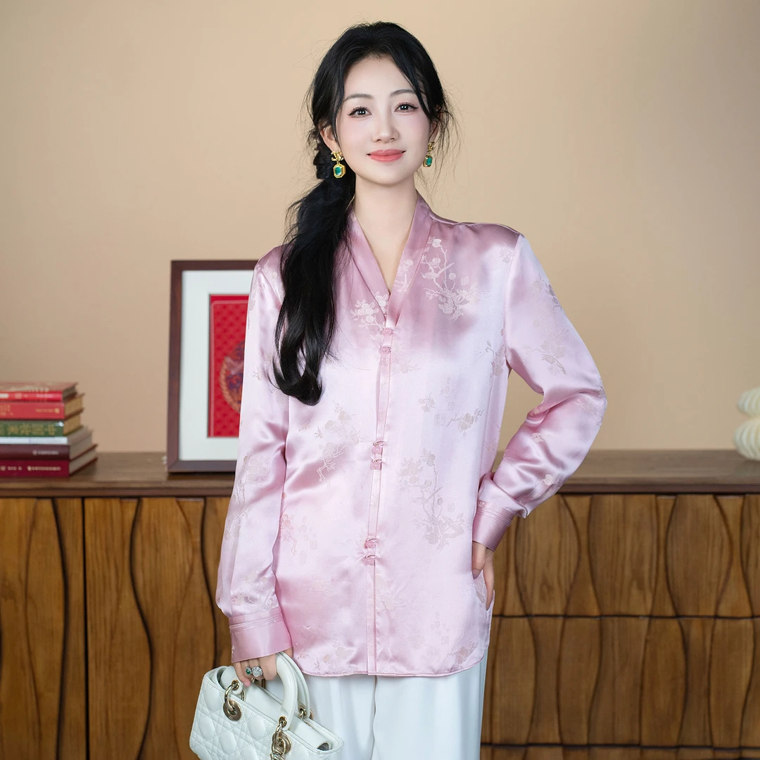 华裳格新中式胭脂粉V领对襟珍珠扣休闲真丝提花衬衫上衣HS1427