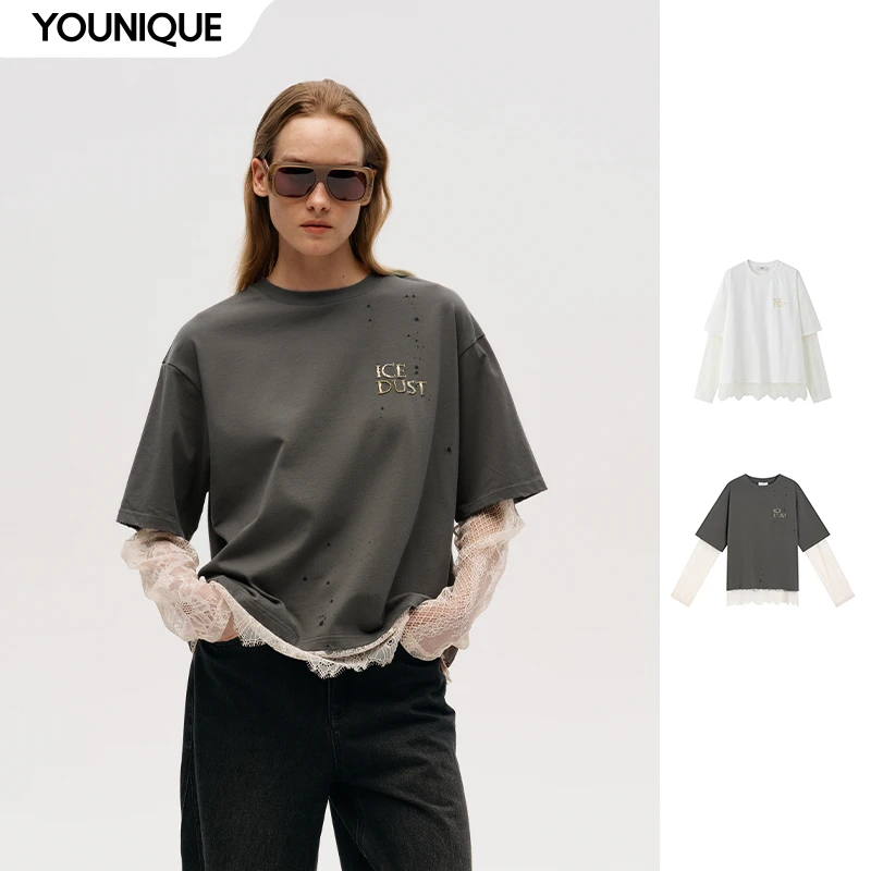【ICE DUST】新品25秋冬破洞蕾丝假两件T恤女